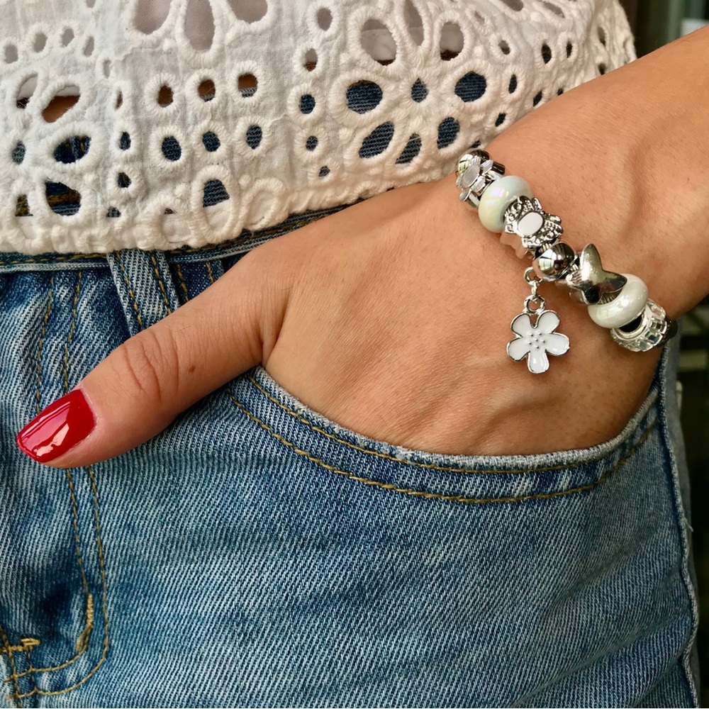 Stainless Steel Charm Bracelet, Silver, White Flower - Picture 1 of 3